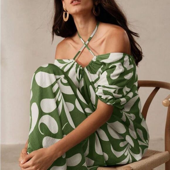 Anewsta Women's Floral Backless Midi Dress Green V-Neck Summer Casual - Picture 2 of 9